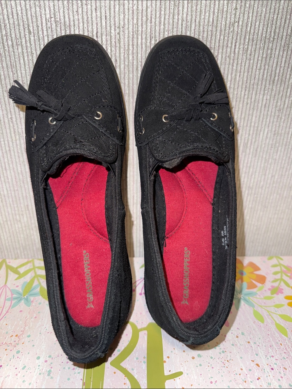 Grasshopper Black Slip-On Flats with Red Insole